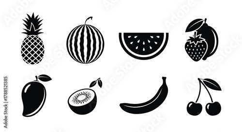 Black silhouette icons of various fruits, including pineapple, watermelon, strawberry, mango, kiwi, banana, and cherries, arranged in two rows on a white background.
