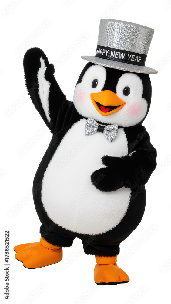 Obraz premium Cute Penguin Mascot Wearing a Silver Happy New Year Top Hat Celebrating Festivities