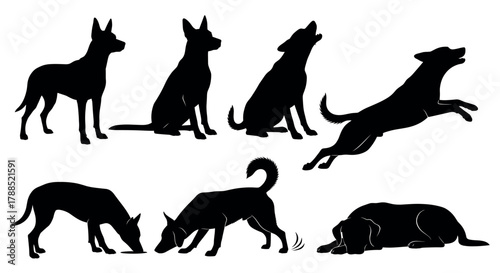 Black silhouettes of dogs in various poses, including sitting, howling, jumping, sniffing, and lying down.
