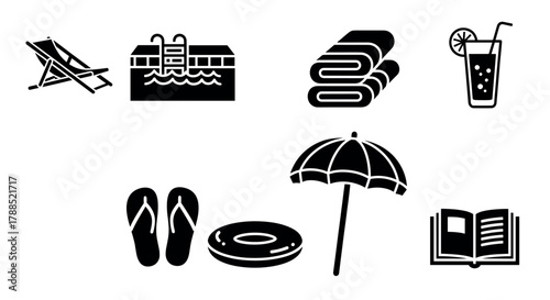 Black silhouette icons depicting beach and poolside essentials, including a sunbed, pool, towels, drink, flip-flops, swim ring, umbrella, and book.