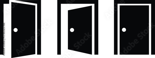 Door icons set. Open, close door. Doors collection. Opened entrance door set flat style - Vector Illustration !