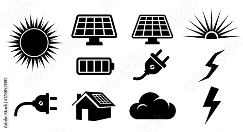 Black silhouette icons depicting solar energy concepts, including solar panels, sun symbols, electrical plugs, and a house with a solar panel roof.
