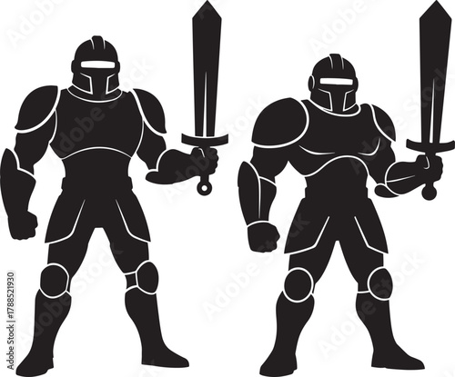 Two medieval knights in full armor holding swords silhouette