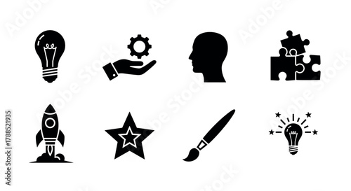 Silhouette icons of a light bulb, hand holding gear, human head profile, puzzle pieces, rocket, star, paintbrush, and illuminated light bulb.
