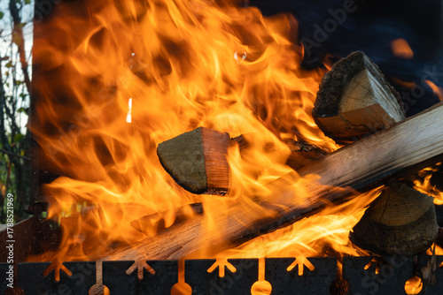 Campfire flames burning wood in outdoor metal grill. Primitive warmth and elemental energy of fire captured in outdoor grill with burning wood and nature in early transition.