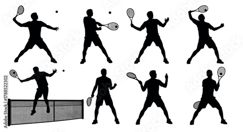 Silhouette set of male tennis players in various action poses, holding rackets and hitting tennis balls on a white background.