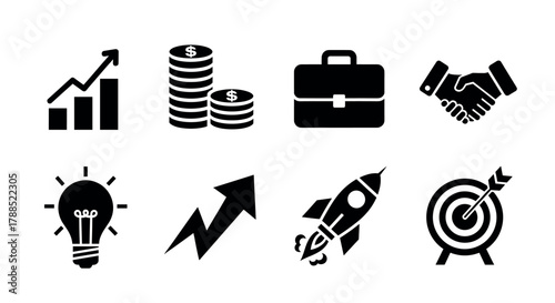 Black silhouette icons depicting business concepts including growth charts, stacks of coins, a briefcase, handshake, lightbulb, arrow, rocket, and target with an arrow.