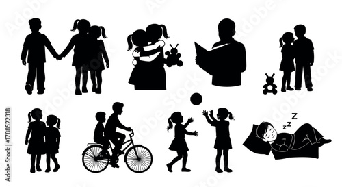 Silhouettes of children engaging in various activities such as hugging, reading with an adult, riding a bicycle, and playing with a ball.