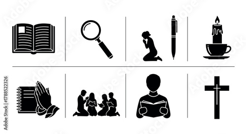 Black silhouette icons of religious symbols including a bible, magnifying glass, praying figures, pen, candle, folded hands, group prayer, reading person, and a cross.