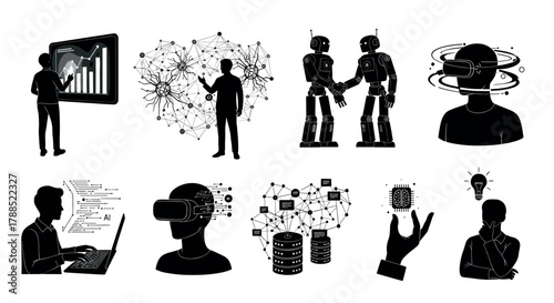 Black silhouette illustrations depicting futuristic technology concepts including ai, vr headsets, humanoid robots, data networks, and a touchscreen interface.