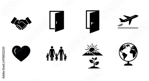 Set of eight black outline icons depicting a handshake, two open doors, an airplane taking off, a heart, a family, mountains with the sun, a plant sprout, and a globe.