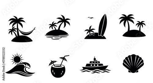 Black silhouettes of tropical islands, waves, coconut drink, yacht, and seashell, conveying a summer beach vacation theme.