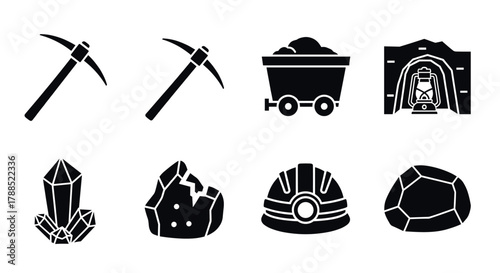 Black silhouette icons of mining tools and equipment, including pickaxes, mining carts, tunnel entrance, crystals, a miner's helmet, and raw gemstones.