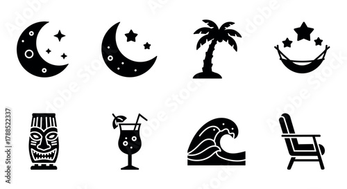 Collection of black silhouette icons depicting nighttime scenes with a moon and stars, a tropical palm tree, a hammock, a tiki head, a tropical cocktail, ocean waves, and an outdoor chair.
