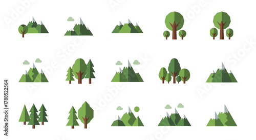 Collection of stylized geometric green trees and mountains with clouds in a flat design style