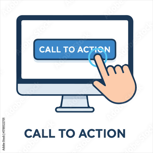 Computer Screen Displaying a Blue Button with Text Call to Action Being Clicked by a Finger