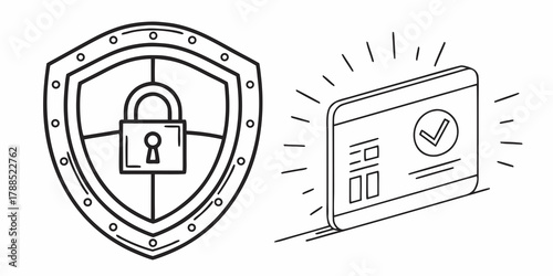 Secure online transaction with shield and padlock for data protection and verified payment method