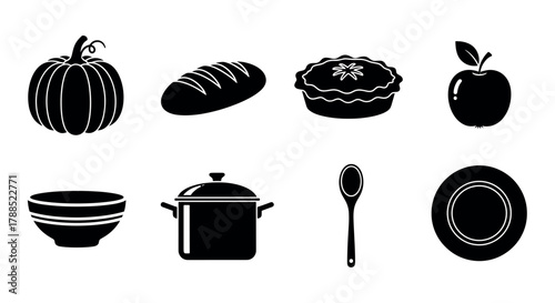 Black silhouette icons of various kitchen and food items, including a pumpkin, bread, pie, apple, bowl, pot, spoon, and plate.