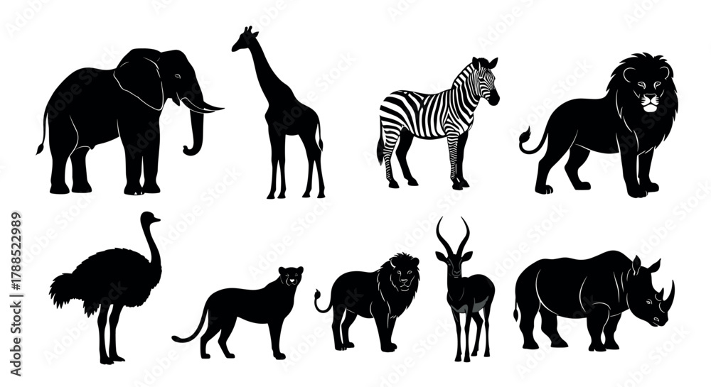 Fototapeta premium Silhouettes of african safari animals including elephant, giraffe, zebra, lion, ostrich, leopard, antelope, and rhinoceros in various poses.