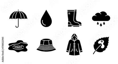 Black silhouette icons of rain gear and weather elements including umbrella, raindrop, rubber boots, rain cloud, puddle, bucket hat, raincoat, and leaf.