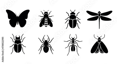Black silhouette icons of various insects including butterfly, bee, beetles, dragonfly, spider, ant, and moth arranged in two rows on a white background.