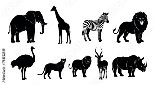 Silhouettes of african safari animals including elephant, giraffe, zebra, lion, ostrich, leopard, antelope, and rhinoceros in various poses.
