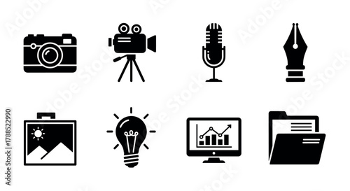 Black outline icons depicting a camera, video camera, microphone, pen nib, framed picture, light bulb, computer monitor with graphs, and a file folder.