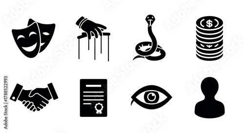 Black silhouette icons depicting theater masks, puppet strings, a snake, coins, a handshake, a certificate, an eye, and a person bust.