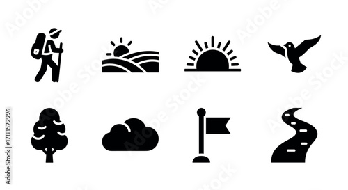 Simple black icons depicting outdoor activities and nature elements, including a hiker, sunrise, bird, tree, cloud, flag, and winding road.