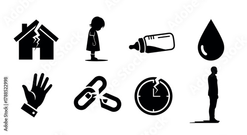 Black silhouette icons depicting concepts including a cracked house, sad child, baby bottle, water drop, open hand, broken link, shattered clock, and solitary man.
