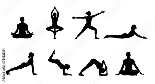 Black silhouette illustrations of individuals performing various yoga poses, including meditation, tree pose, warrior pose, and downward-facing dog.