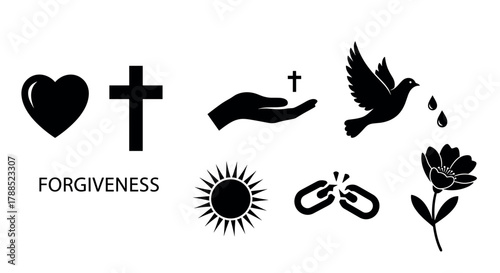 Black silhouette symbols depicting forgiveness, including a heart, cross, hand holding a cross, dove with tears, sun, broken chain, and a flower.