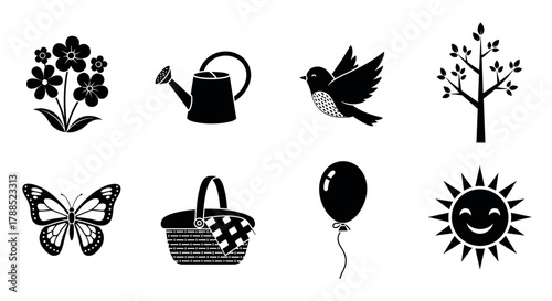 Black silhouettes of a flower plant, watering can, bird, tree, butterfly, picnic basket, balloon, and sun with a smiling face.