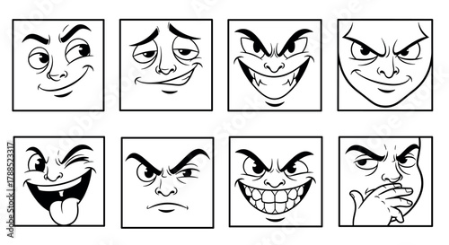 A grid of eight monochrome cartoon square frames showcasing various comical and exaggerated facial expressions with distinct emotions.