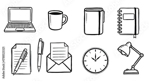 Hand-drawn black and white illustrations of a laptop, coffee mug, notebook, paper with pen, envelope, wall clock, and desk lamp.
