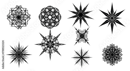 A collection of eight intricate, black, symmetrical mandala patterns, each unique in design, showcasing geometric and floral shapes.