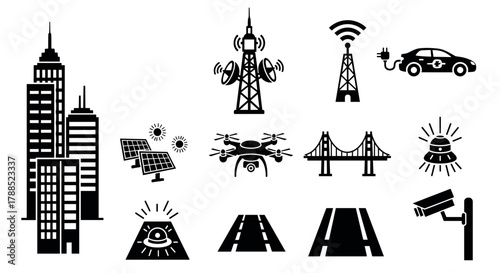 Black silhouette icons representing various smart city elements, including skyscrapers, solar panels, communication towers, a drone, bridge, autonomous car, cctv camera, and smart street features.