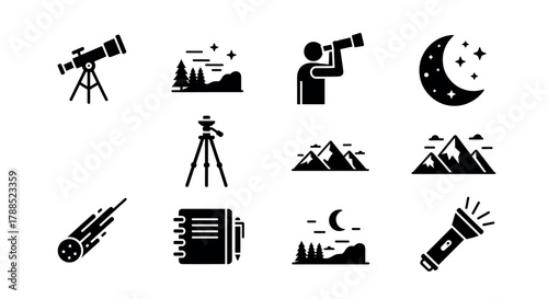 Collection of black silhouette astronomy and nature icons including a telescope, person with telescope, mountains, moon, comet, and a flashlight.