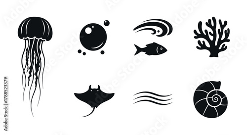 Black silhouette icons depicting various sea creatures and marine elements including a jellyfish, bubbles, fish, coral, stingray, waves, and a seashell.