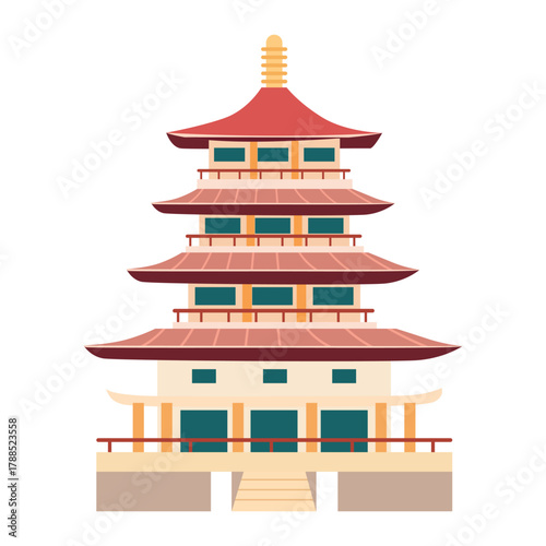 Simplified three-story traditional japanese pagoda building icon in flat vector illustration style isolated on a white background