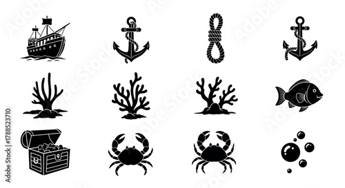 Black silhouette collection of nautical and marine-themed icons, including ships, anchors, coral, fish, treasure chest, crabs, rope, and bubbles.