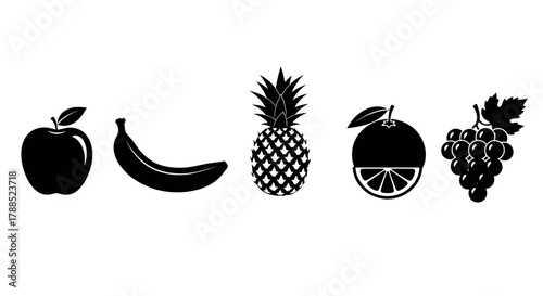 Black outline icons of an apple, banana, pineapple, orange slice, and grape cluster, showcasing diverse fruit shapes and textures.