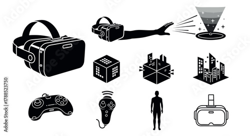 Black outline icons depicting various virtual reality and gaming elements, including headsets, controllers, a human silhouette, and holographic projections.