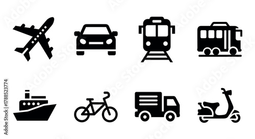 Black icon set depicting various modes of transportation including an airplane, car, train, bus, ship, bicycle, truck, and scooter.
