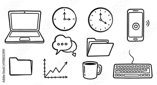 Black outline icons of a laptop, clock, smartphone, chat bubble, folder, graph, coffee mug, and keyboard, representing office and communication concepts.