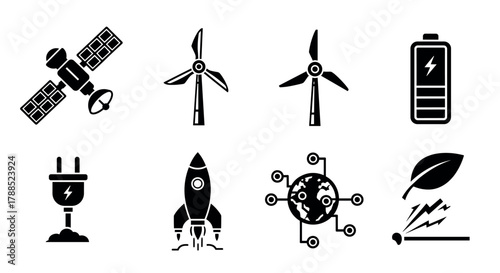 Set of eight black icons featuring a satellite, wind turbines, battery, electric plug, rocket, digital globe, and leaf, representing technology and renewable energy.
