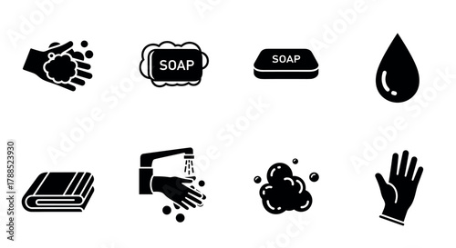 Black and white icon set depicting hand washing essentials including soap bars, water droplets, and hand gestures to promote hygiene and cleanliness.