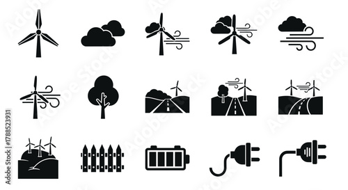 Black silhouette icons of wind turbines, clouds, roads, trees, a battery, and electrical plugs symbolizing renewable energy and environmental conservation.