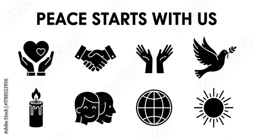 Black icons depicting harmonious symbols including a globe, sun, peace dove, handshake, heart in hands, raised hands, candle, and smiling faces with the phrase "peace starts with us.