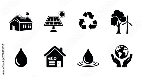 Eight eco-friendly icons including a house with green roof, solar panel with sun, recycling symbol, trees with wind turbine, water droplet, eco house, water ripple, and globe with hands.